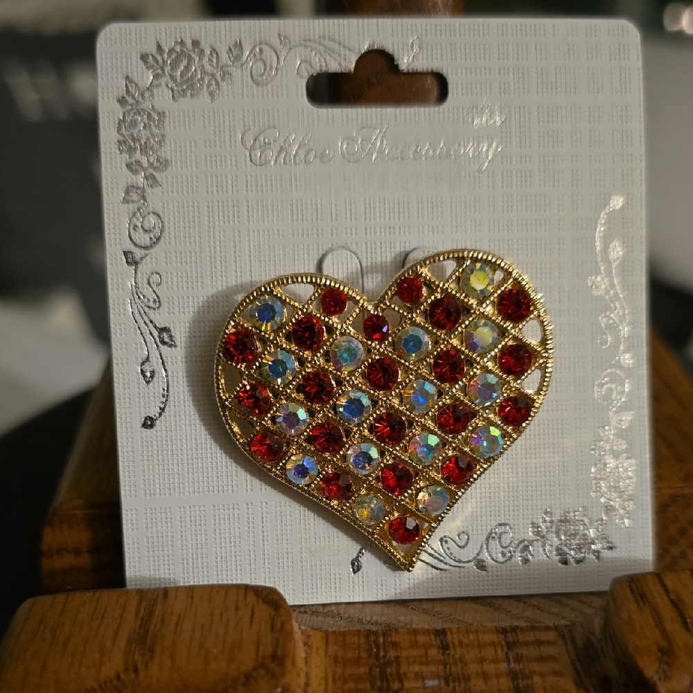 Gold Heart Brooch with Red and Iridescent Stones